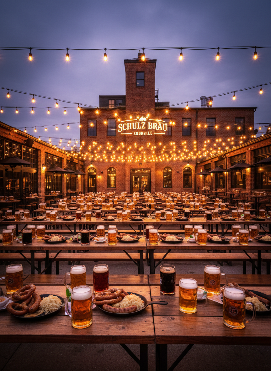 A sweeping cinematic view of Schulz Bräu Brewing Company’s brick brewery and expansive biergarten at dusk, captured without any people. Long rows of sturdy wooden beer tables are lined with gleaming steins of amber, gold, and dark German-style beers beside cast-iron trays of bratwurst, pretzels, and sauerkraut. String lights zigzag overhead, glowing warmly against a deep blue Tennessee sky. The brewhouse tower and signage are visible in the background, hinting at the Knoxville location. Shot at eye level with a wide lens and sharp focus throughout, the warm pendant and string lighting creates bold contrasts and inviting reflections on the polished wood, emphasizing a lively, energetic yet welcoming atmosphere in a photographic, cinematic style.