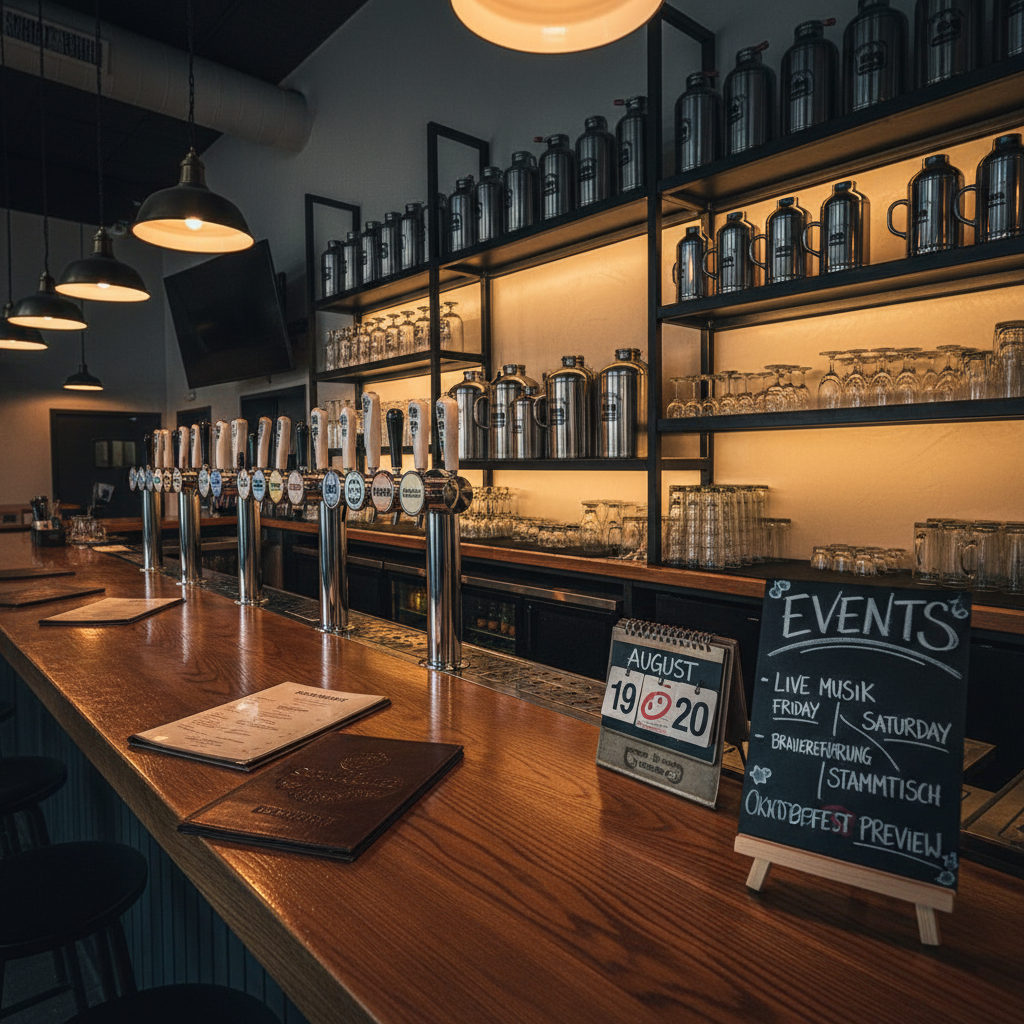 A bold, cinematic interior shot of the Schulz Bräu taproom bar, completely empty of people, showcasing an organized row of polished taps labeled with traditional German beer styles. Behind the bar, tall shelves of stainless-steel growlers and neatly arranged glassware reflect warm, golden bar lighting. On the bar top rest open leather-bound menus, a small chalkboard styled as an abstract event schedule, and a vintage-style metal desk calendar flipped to a highlighted festival weekend. The scene is lit by overhead industrial pendants and subtle under-bar LEDs, casting crisp reflections and moody shadows. Captured at eye level with a slightly wide angle, the mood is bold, efficient, and inviting, suggesting a place to discover beers, check events, hours, and plan reservations, all in rich photographic realism.