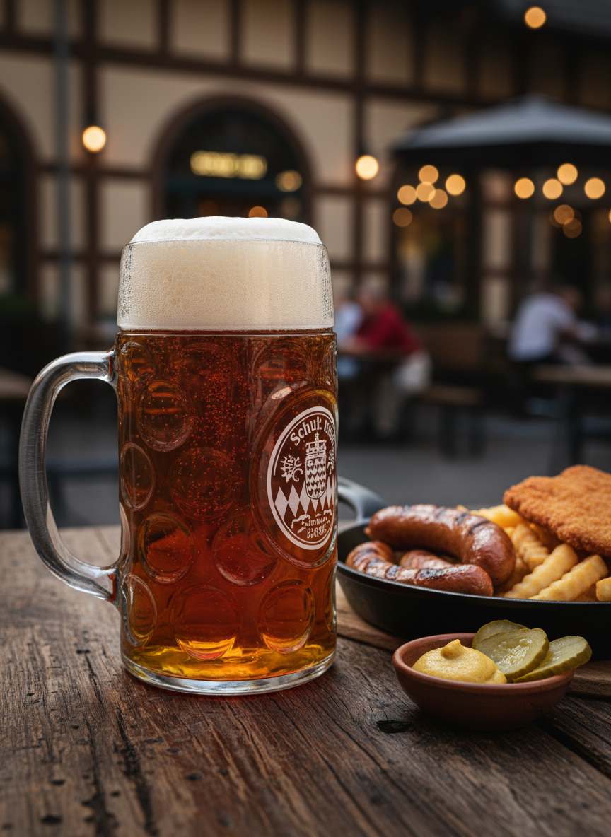 A dramatic close-up of a tall, flawless German beer stein filled with rich amber lager, tiny bubbles racing upward beneath a thick, snowy foam cap. The stein, embossed with subtle Bavarian-style patterns, sits on a dark, weathered wooden table beside a cast-iron skillet of sizzling bratwurst, crispy schnitzel, and golden fries, with a stoneware dish of mustard and pickles. The background shows a softly blurred hint of the Schulz Bräu taproom and biergarten architecture. Warm, directional lighting from overhead and one side creates cinematic highlights on the glass and metal, with deep, bold shadows. Captured from a slightly low, three-quarter angle with shallow depth of field, the mood is indulgent, intense, and distinctly German, in rich, realistic detail.