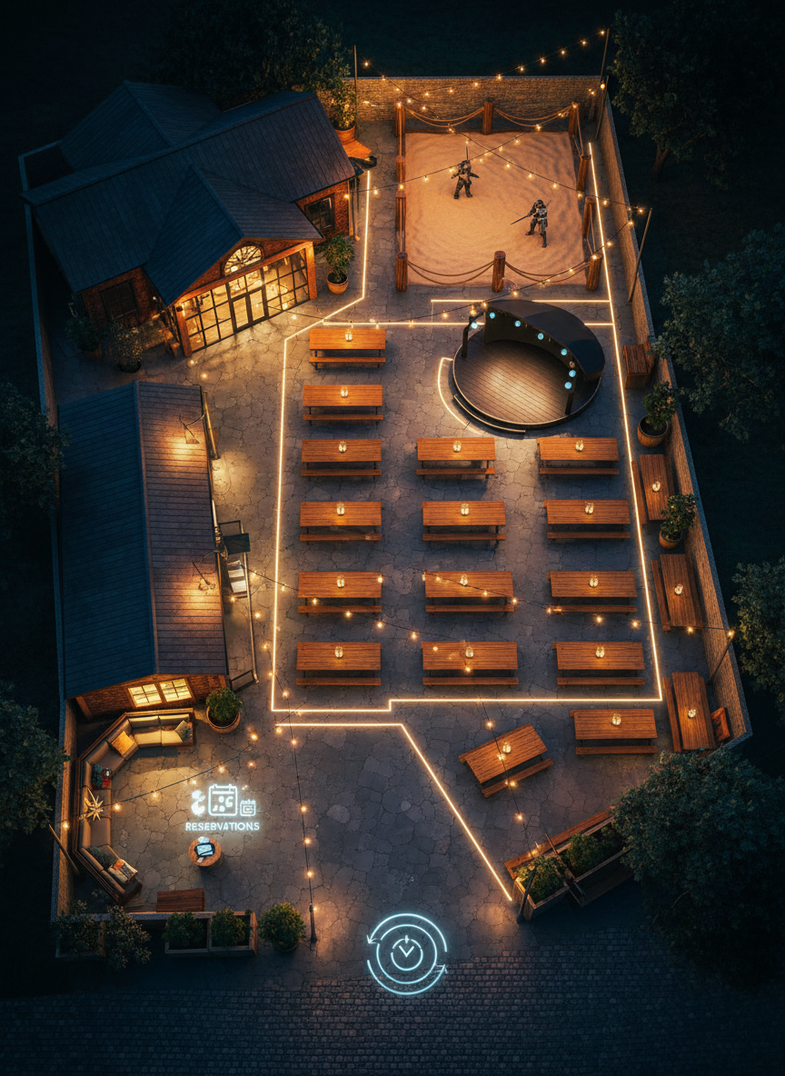 A bird’s-eye, cinematic nighttime view of Schulz Bräu Brewing Company’s biergarten layout rendered as a stylized, realistic map scene with no text. Illuminated pathways outline zones for communal tables, a central stage for events, a roped-off knight fight arena, and a cozy corner marked by a small host stand suggesting reservations and bookings. The brewery building glows warmly at one edge, with a subtle graphic halo indicating location and open hours through abstract clock and map-pin icons integrated into the paving stones. Overhead string lights cast soft pools of golden light, creating gentle, radial shadows from tables and plantings. The mood is organized, bold, and dynamic, with clean composition and sharp focus, clearly visualizing how guests can navigate the venue and its event areas in a modern cinematic style.