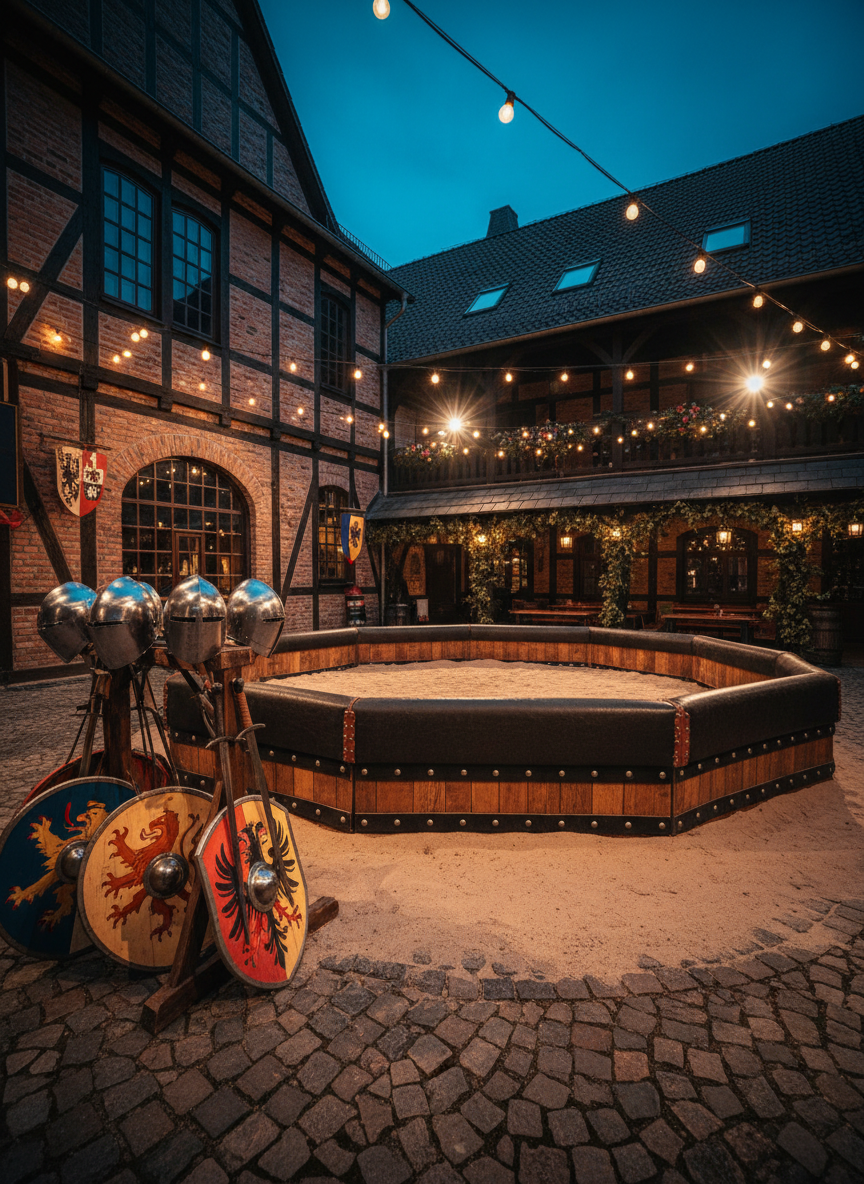An action-filled cinematic scene of an empty medieval-style fighting ring set up in Schulz Bräu’s biergarten courtyard, prepared for knight fight events but with no people present. Gleaming steel helmets, shields emblazoned with heraldic symbols, and heavy practice swords rest neatly on a wooden weapons rack beside padded barriers. The surrounding brick walls of the brewery and festively decorated beer hall frame the arena. Evening string lights and spotlights aimed at the ring create dramatic, high-contrast pools of light and long, angular shadows. Shot from a low angle looking slightly upward, emphasizing the bold, theatrical energy of the space. The atmosphere feels charged and anticipatory, blending rustic German festival charm with intense medieval spectacle in a realistic, cinematic style.